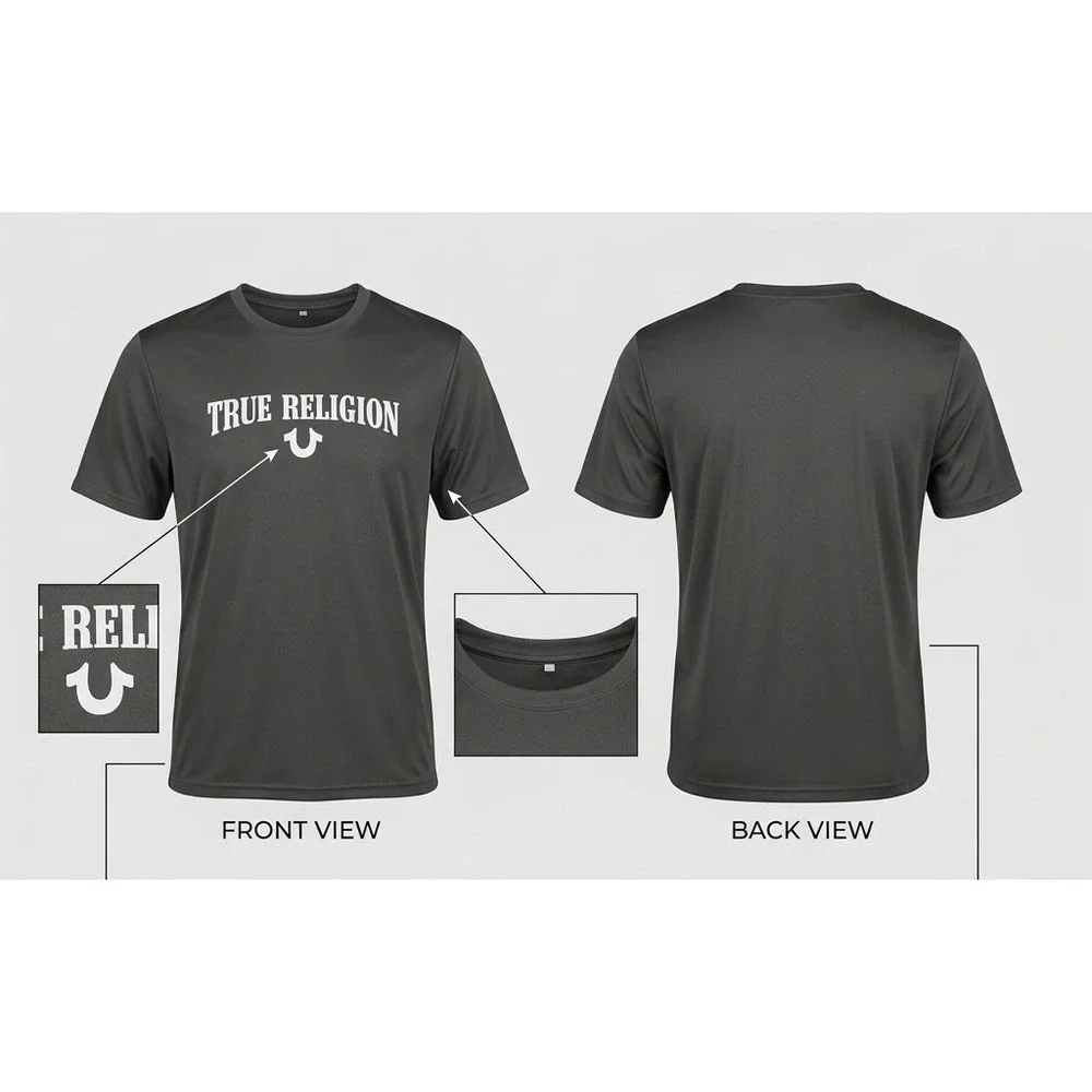 True Religion Mens Charcoal Gray Graphic Horseshoe Logo T-Shirt Size Large